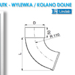 Schemat i rysunek techniczny dolnego kolanka wylotowego UTK do rury Lindab ø87 z kątem 70°